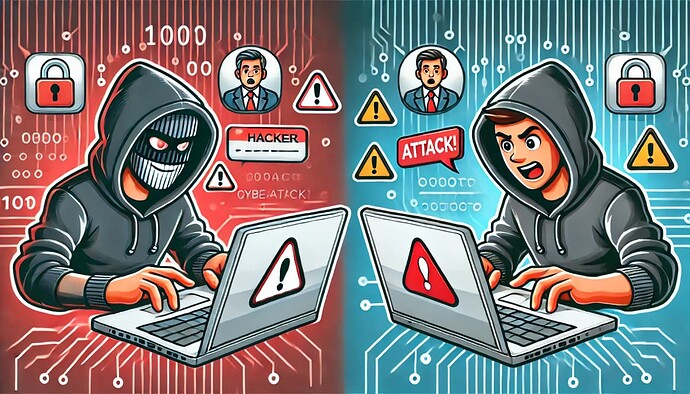 Two hackers are using laptops to carry out cyber attacks.