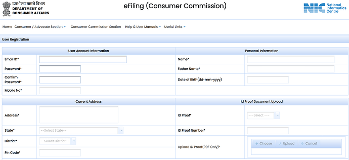 Complainant & Advocate registration form on E-DAAKHIL portal for e-filing