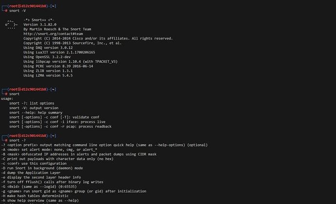 A terminal window displaying the usage and options of the snort program.