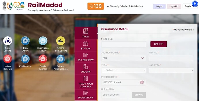 Lodging online grievance through RailMadad