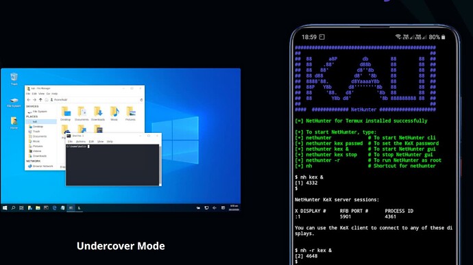 A computer screen showing a Windows 11 with open Kali Linux CLI and command line in an Android device for penetration testing.