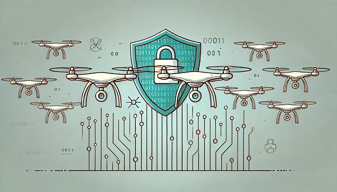 Drones flying over a circuit board and a shield with a padlock represent the concept of cybersecurity.