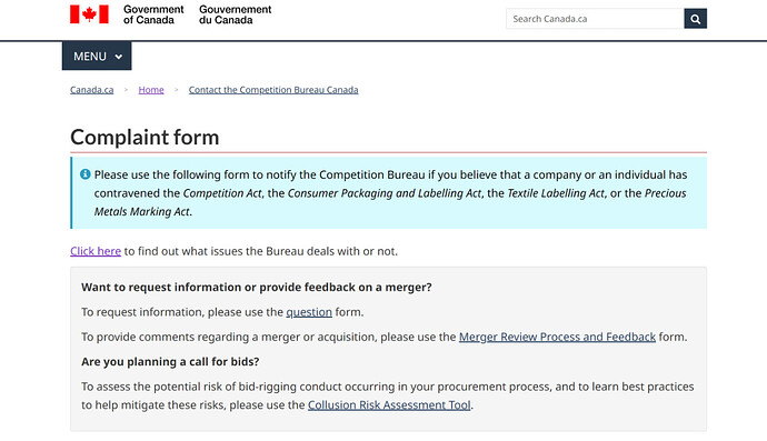 Make a consumer complaint to Competition Bureau Canada