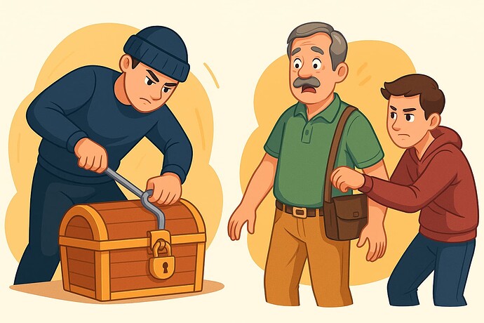 A thief is attempting to pry open a treasure chest while two other people are being pickpocketed. (Captioned by AI)