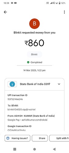 A screenshot shows a completed Blinkit UPI transaction of ₹860 from ASHISH KUMAR's State Bank of India account on March 14, 2025. (Captioned by AI)