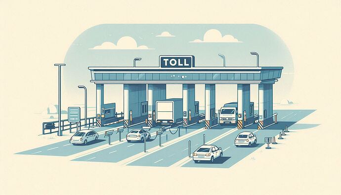 Several vehicles are passing through a toll booth on a highway under a partly cloudy sky. (Captioned by AI)