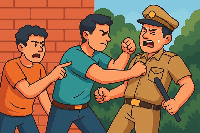 Two men are aggressively confronting a crying police officer, with one man physically restraining the officer while the other points and shouts. (Captioned by AI)
