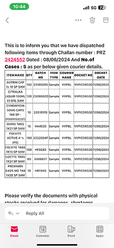 A dispatch notice shows 5 cases of various pharmaceutical samples were sent on 08/06/2024 via courier VVPBL with docket number VVPIC59530 and requires verification of received stock for damages or shortages. (Captioned by AI)