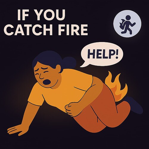 A stylized illustration shows a person on fire yelling "Help!" with text at the top stating "If you catch fire". (Captioned by AI)