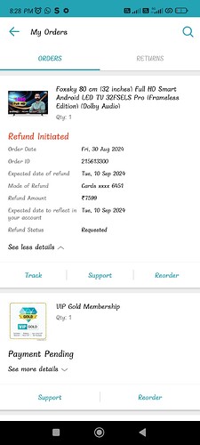 A smartphone screen displays a mobile order history with a refund initiated and a VIP Gold membership pending. (Captioned by AI)