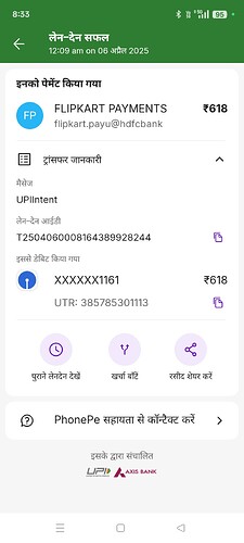 A PhonePe transaction receipt shows a successful payment of ₹618 to Flipkart Payments on April 6, 2025. (Captioned by AI)