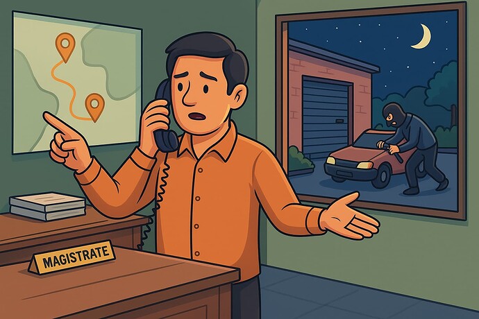 A worried man is on the phone with the magistrate, pointing to a map showing the location of a car theft in progress, visible through a window. (Captioned by AI)