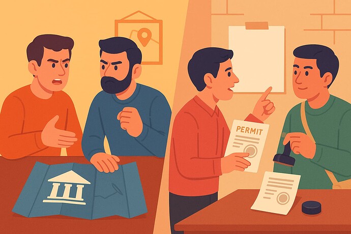 A split image showing two men arguing over a building plan on one side and a man getting a permit stamped on the other. (Captioned by AI)