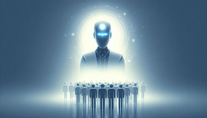 A glowing robotic figure stands over a crowd of people, symbolizing artificial intelligence's potential influence on humanity. (Captioned by AI)