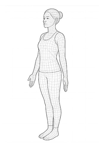 A black and white wireframe illustration of a woman in a tank top and leggings stands with her hands at her sides. (Captioned by AI)