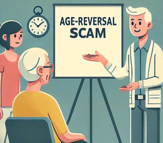 A man is presenting to an audience about "Age-Reversal Scam."