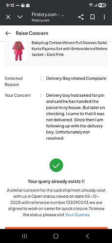 A customer is raising a concern about a delivery boy related issue for a Babyhug Cotton Woven Full Sleeves Solid Kurta Pajama Set with Embroidered Nehru Jacket. (Captioned by AI)