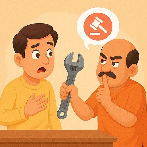 A worried young man looks on as an older man holds up a wrench, a gavel appearing in a thought bubble above the older man’s head, suggesting a legal dispute. (Captioned by AI)