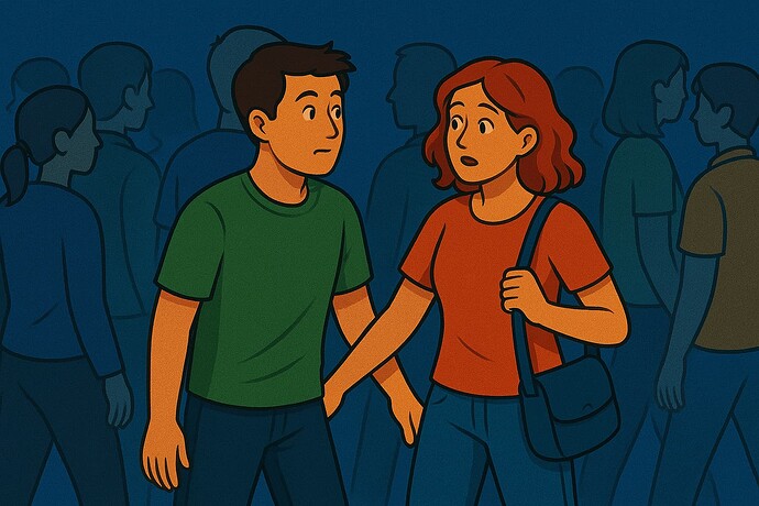 A young couple nervously walks through a crowded, dimly lit space, their arms brushing, suggesting apprehension or unease. (Captioned by AI)