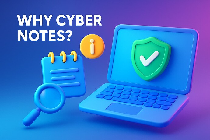 A 3D illustration shows a laptop with a security checkmark, next to a notepad and magnifying glass, asking "Why Cyber Notes?". (Captioned by AI)