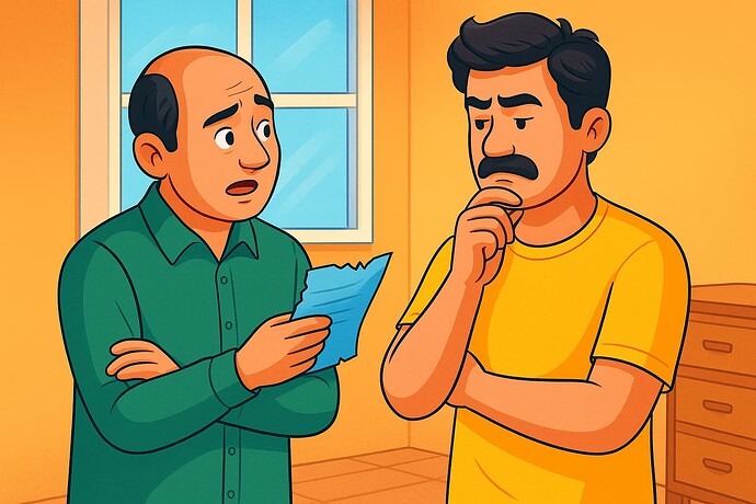 Two men stand in a room, one holding a torn piece of paper and looking worried while the other contemplates with a hand on his chin. (Captioned by AI)