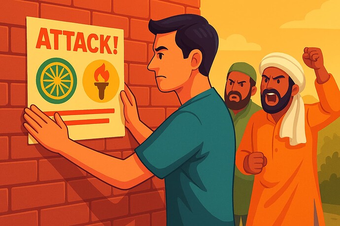A man posts a flyer announcing an attack, while two angry men watch in the background. (Captioned by AI)