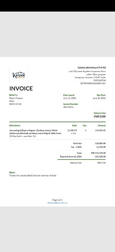 This is an invoice from Kaizen Adventours Pvt Ltd to Rajeev Kapoor for a tour, with a total amount of INR 141,120.00 and a balance due of INR 0.00. (Captioned by AI)