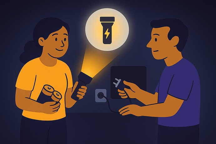 A woman holds a flashlight and batteries while a man plugs in an appliance, illustrating the importance of having backup power sources during an outage. (Captioned by AI)
