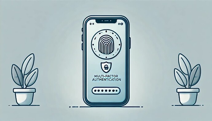 A smartphone displaying a multi-factor authentication screen with a fingerprint icon, a shield, and a password field.