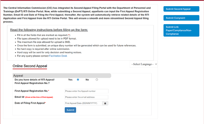 The image shows a form for submitting an online second appeal to the Central Information Commission (CIC)
