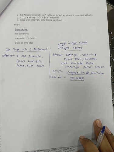 A document displays a handwritten letter and contact information for "The Daye Cafe & Restaurant" and an employee's address. (Captioned by AI)