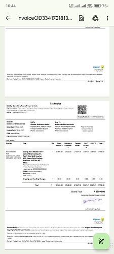 A Flipkart tax invoice shows a purchase of a Godrej 5-in-1 air conditioner for ₹27,990.00. (Captioned by AI)