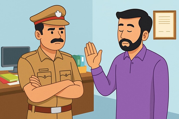 A police officer with arms crossed stands sternly as a man with his hand raised in a stopping gesture stands before him. (Captioned by AI)