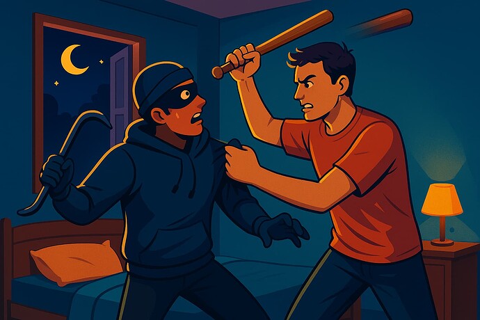 A homeowner confronts a burglar wielding a crowbar with a baseball bat in a nighttime bedroom altercation. (Captioned by AI)