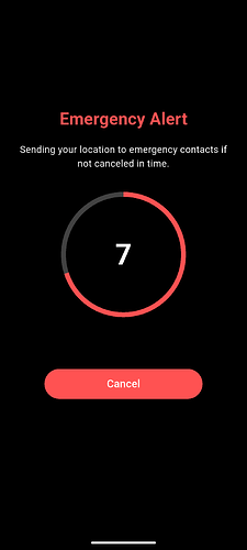 SOS App - Emergency alert countdown timer with seven seconds remaining before sending the user's location to emergency contacts.