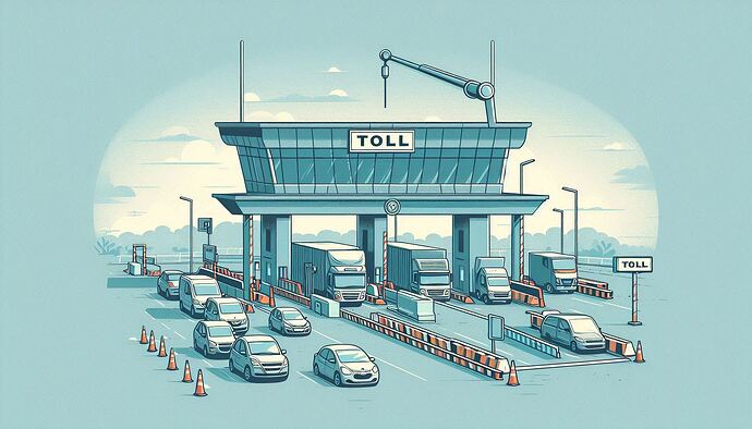 A toll booth with various vehicles lining up to pay, under a light blue sky.