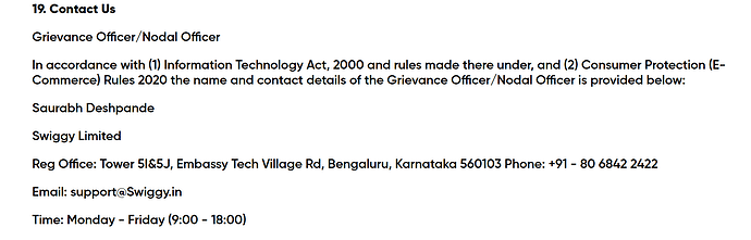 This is a contact us section of Swiggy's website with information about a grievance officer.