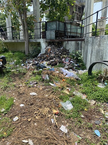 A large pile of trash and debris is strewn across the ground near a concrete structure and overgrown vegetation. (Captioned by AI)