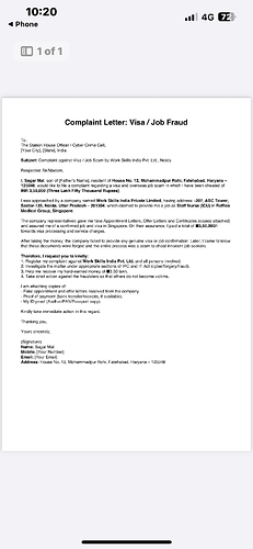 A complaint letter details a visa and job scam perpetrated by Work Skills India Pvt. Ltd., resulting in a loss of ₹350,000. (Captioned by AI)
