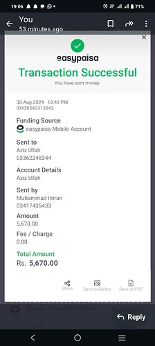 A successful transaction confirmation on the Easypaisa app showing a transfer of 5,670.00 Rupees from Muhammad Imran to Aziz Ullah. (Captioned by AI)