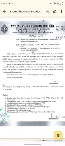 A circular from Visvesvaraya Technological University regarding mandatory accreditation of programmes/courses in AICTE approved institutes. (Captioned by AI)