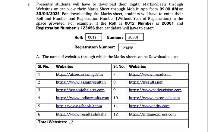Instructions for downloading digital marksheets from various websites on April 30th, 2025, are shown, including website addresses and registration information. (Captioned by AI)