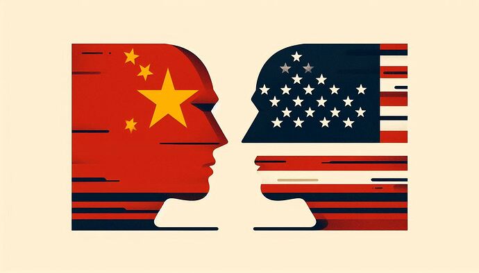 A stylized illustration depicts the profiles of two heads, one representing China with its flag and the other the USA, facing each other. (Captioned by AI)