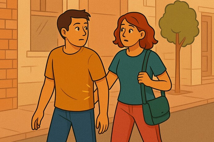 A young couple walks down a city street, appearing concerned and slightly apprehensive. (Captioned by AI)