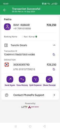 A PhonePe transaction for ₹28,250 was successfully sent to Ravi Kumar. (Captioned by AI)