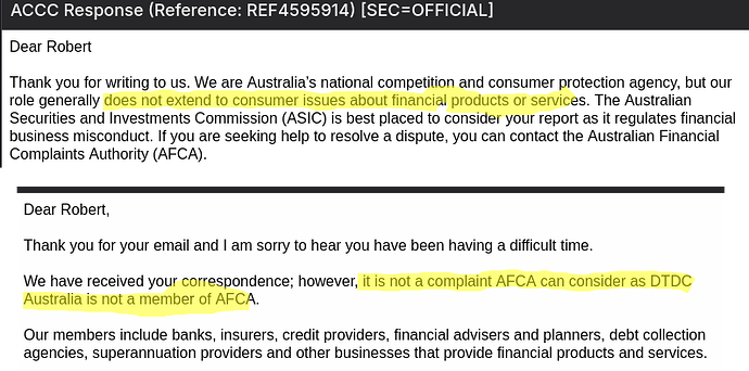 Two responses to Robert indicate that his concern is not within the jurisdiction of the ACCC or AFCA, with the latter explicitly stating that DTDC Australia is not a member of AFCA. (Beschriftet durch KI)