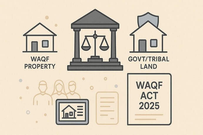 The Waqf Act 2025, showcasing its impact on Waqf property, government/tribal land, and the involvement of individuals and legal processes.