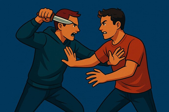 One man aggressively holds a knife to another man's head while the second man defensively raises his hands. (Captioned by AI)