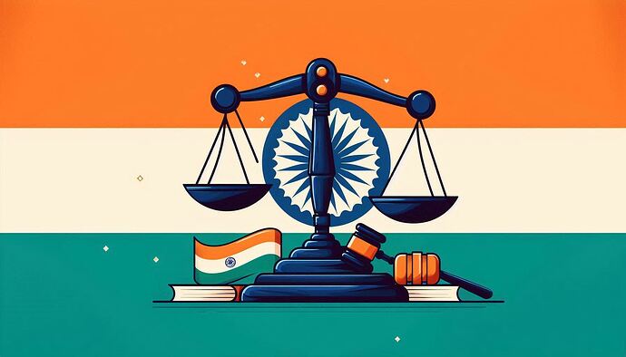 A stylized illustration depicts the scales of justice, a gavel, and books against the backdrop of the Indian flag, symbolizing the Indian judicial system. (Captioned by AI)