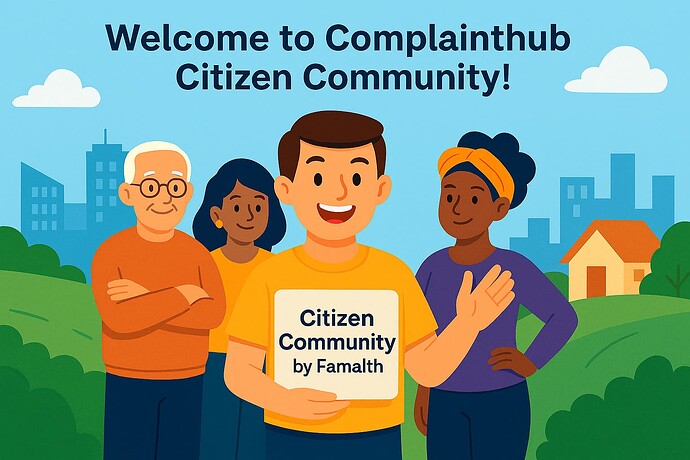 A welcome message for the Complainthub Citizen Community, depicted by diverse cartoon characters standing in a park, with one holding a sign. (Captioned by AI)
